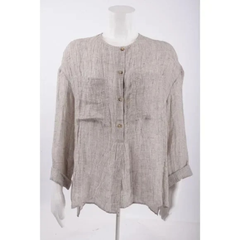 NOT FOR SALEZara Top 100% Linen Neutral Grey Loose Fitting Shirt (item #A22) - Picture 7 of 8